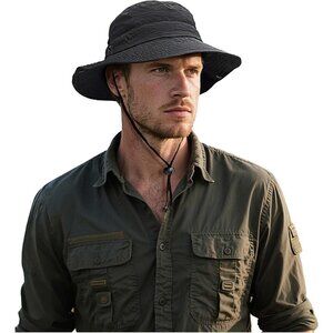 Womens Black 100% Nylon Wide Brim With Adjustable Chin Strap Classic Bucket Hat